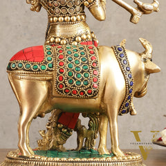 Handcrafted Krishna with Cow Brass Idol with Stonework - 10.5" Height