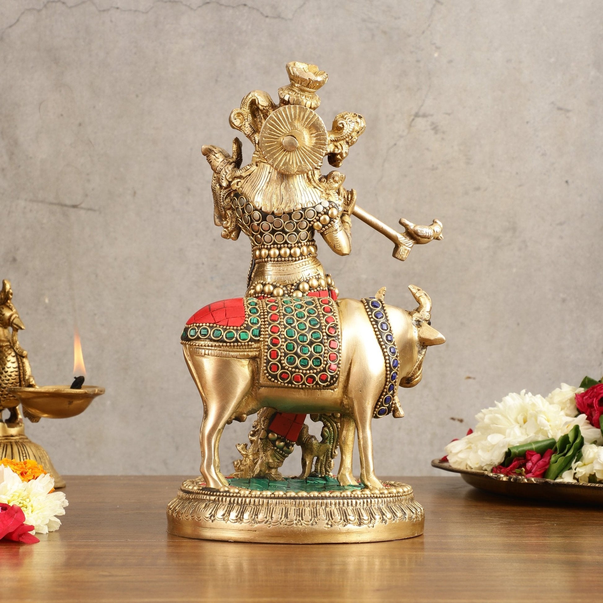 Handcrafted Krishna with Cow Brass Idol with Stonework - 10.5" Height