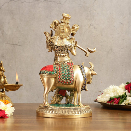 Handcrafted Krishna with Cow Brass Idol with Stonework - 10.5" Height