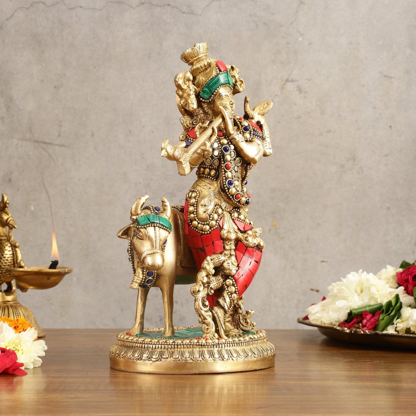 Handcrafted Krishna with Cow Brass Idol with Stonework - 10.5" Height
