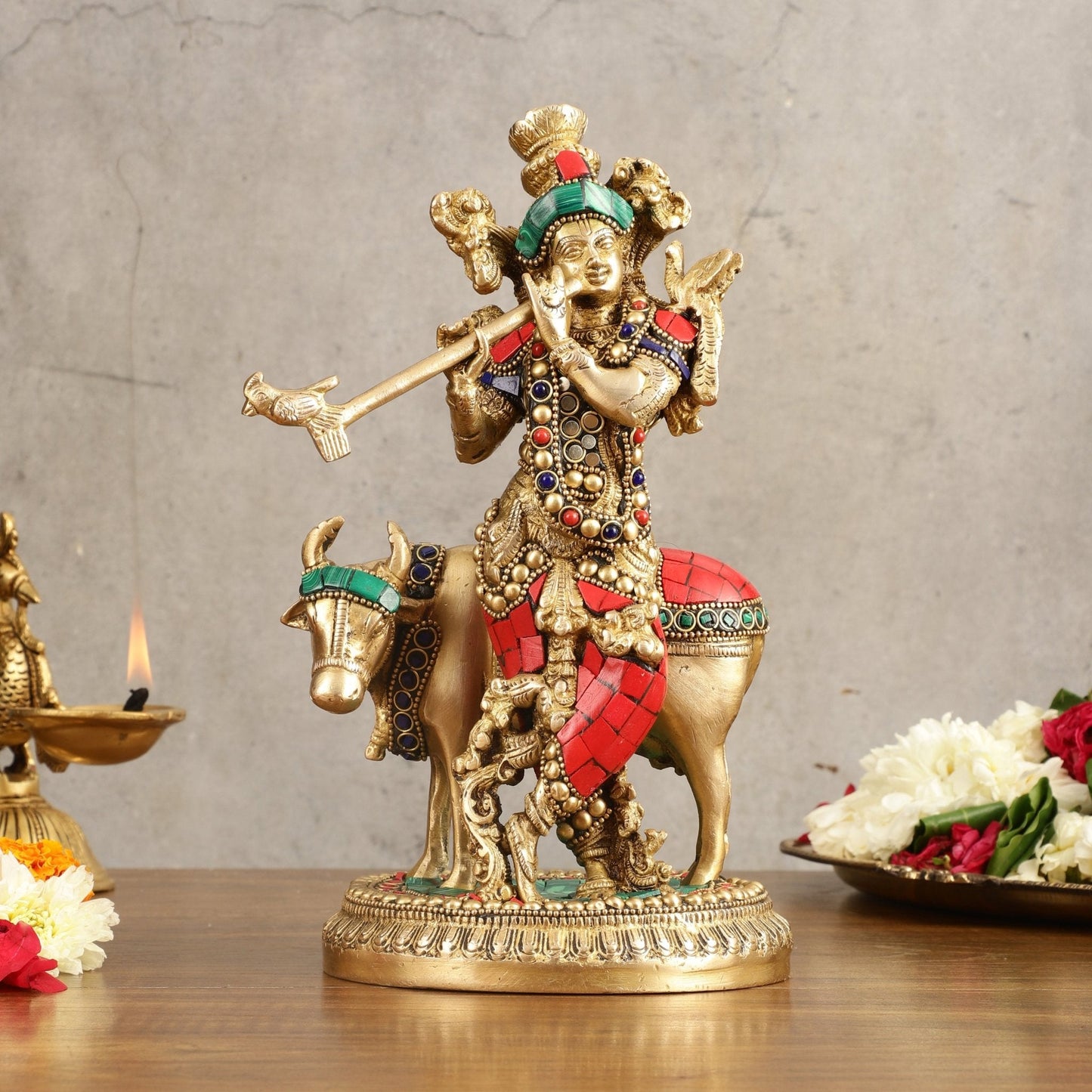 Handcrafted Krishna with Cow Brass Idol with Stonework - 10.5" Height