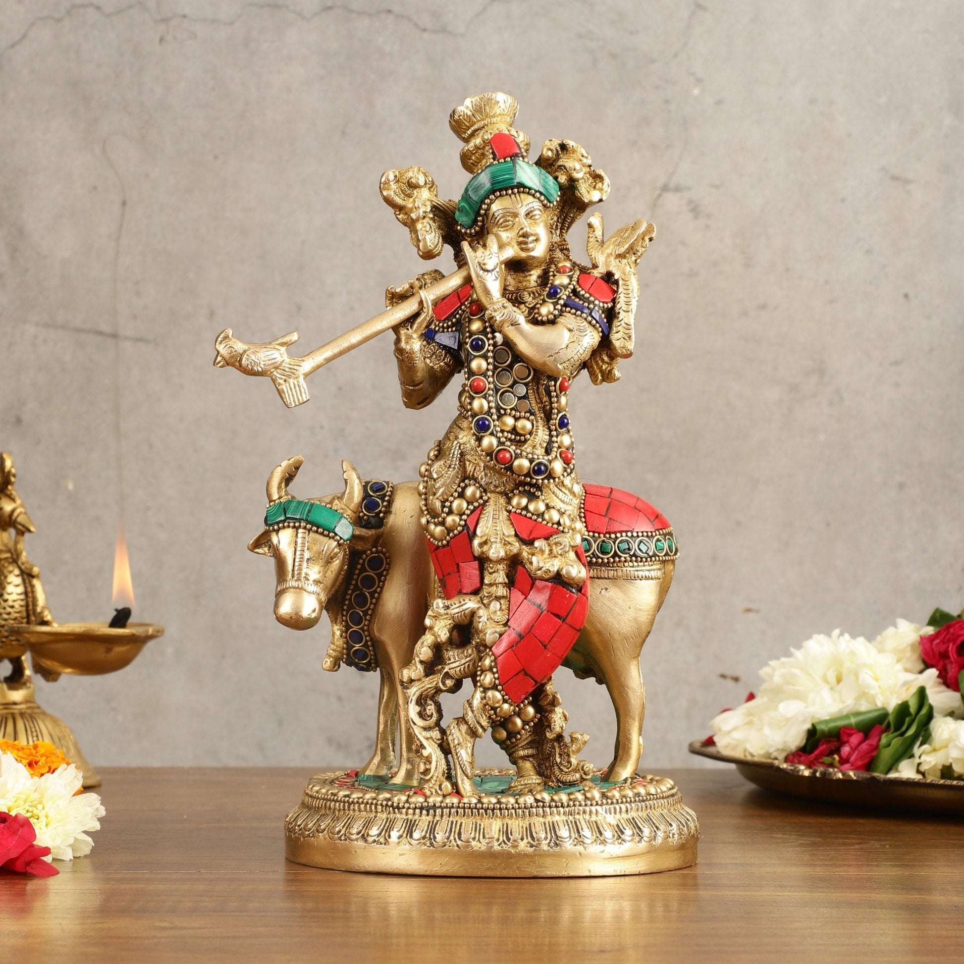 Handcrafted Krishna with Cow Brass Idol with Stonework - 10.5" Height