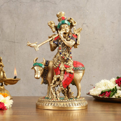 Handcrafted Krishna with Cow Brass Idol with Stonework - 10.5" Height