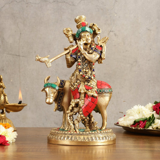 Handcrafted Krishna with Cow Brass Idol with Stonework - 10.5" Height