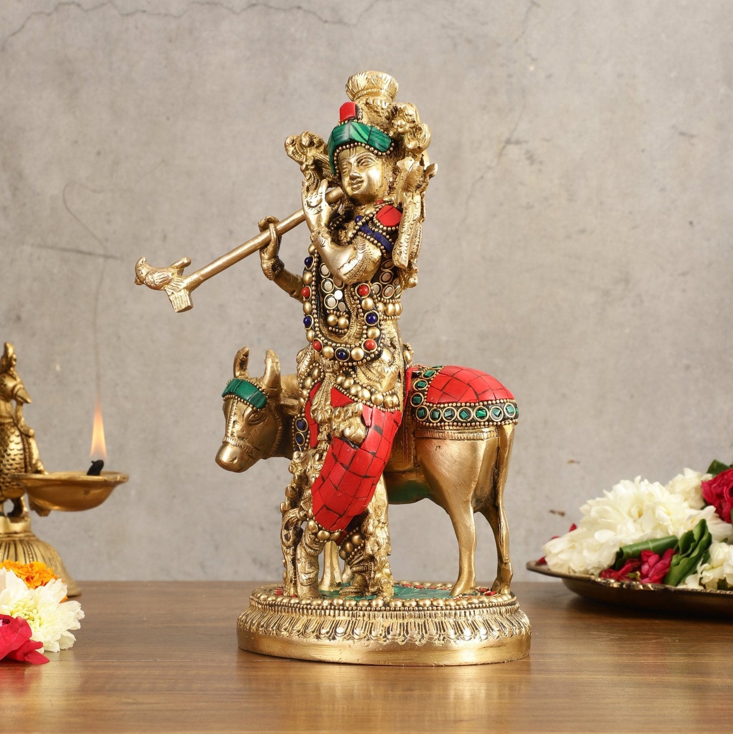 Handcrafted Krishna with Cow Brass Idol with Stonework - 10.5" Height
