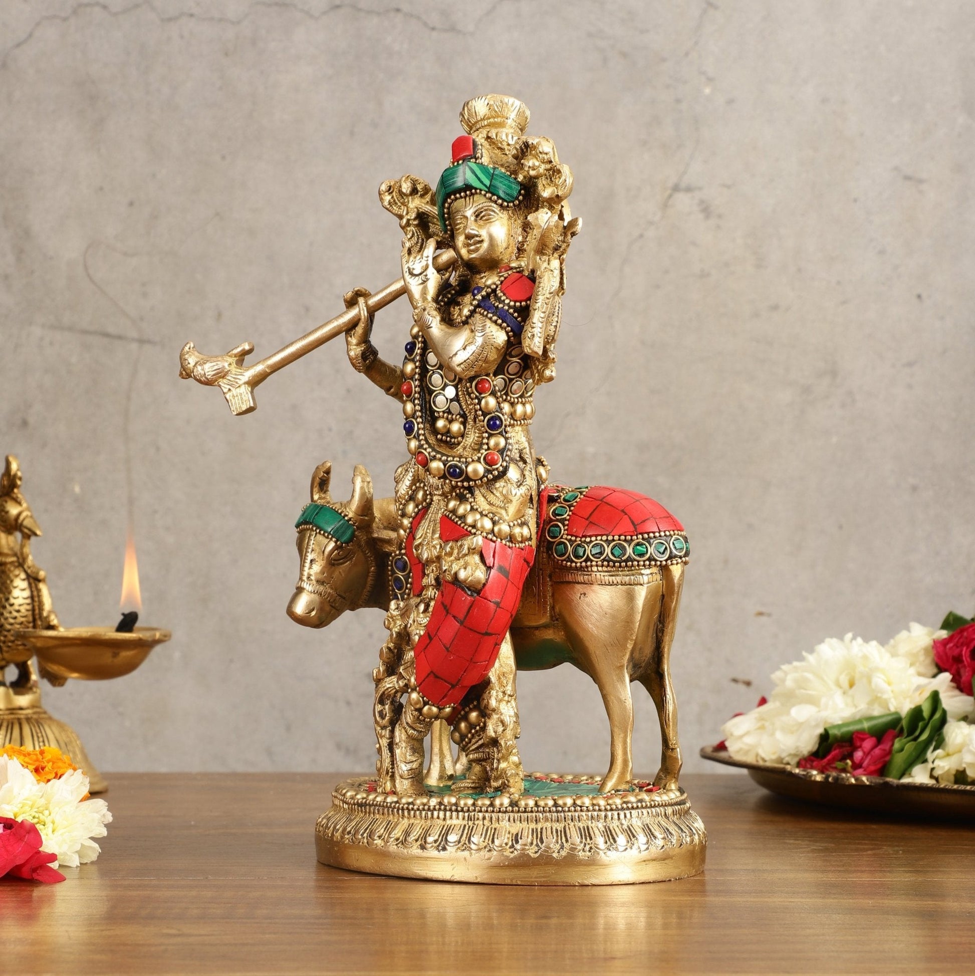 Handcrafted Krishna with Cow Brass Idol with Stonework - 10.5" Height