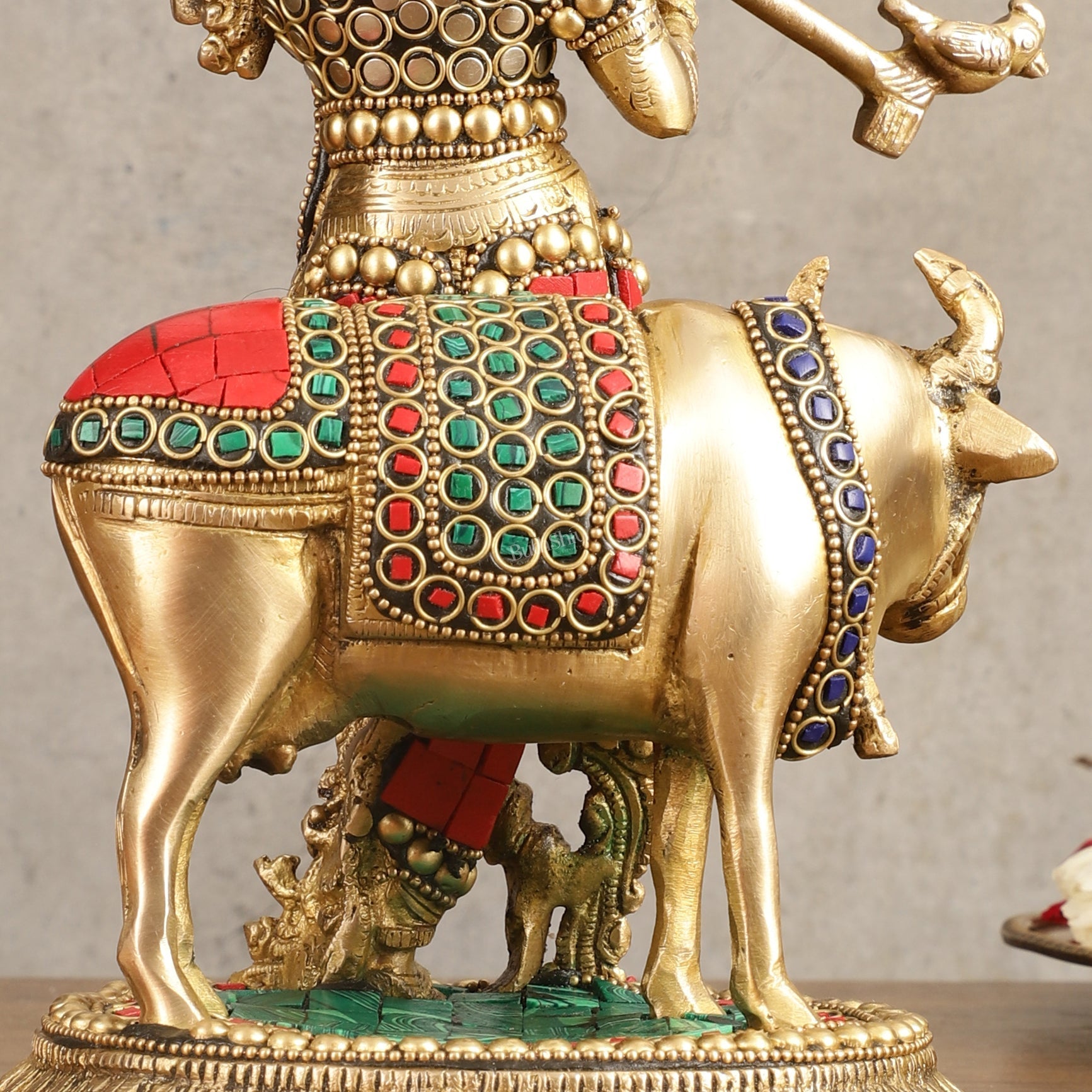 Handcrafted Krishna with Cow Brass Idol with Stonework - 10.5" Height