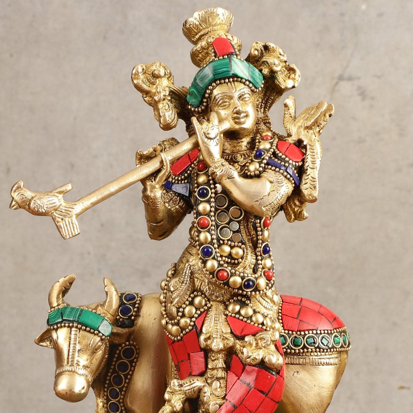 Handcrafted Krishna with Cow Brass Idol with Stonework - 10.5" Height