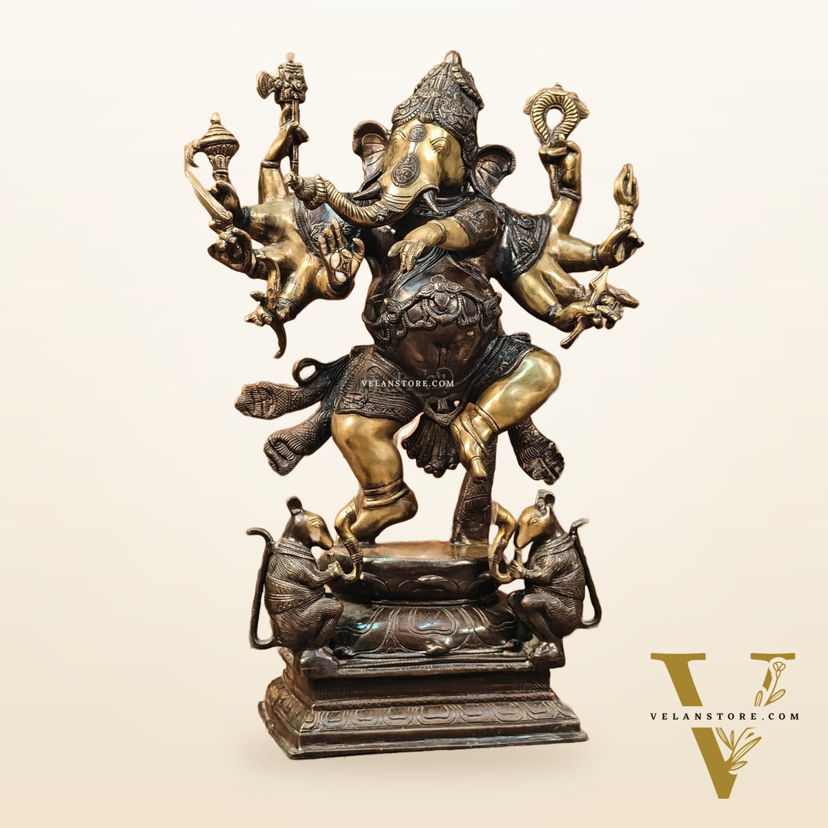 Handcrafted Large Brass Dancing Ganesha Statue - Antique Chola Bronze Finish