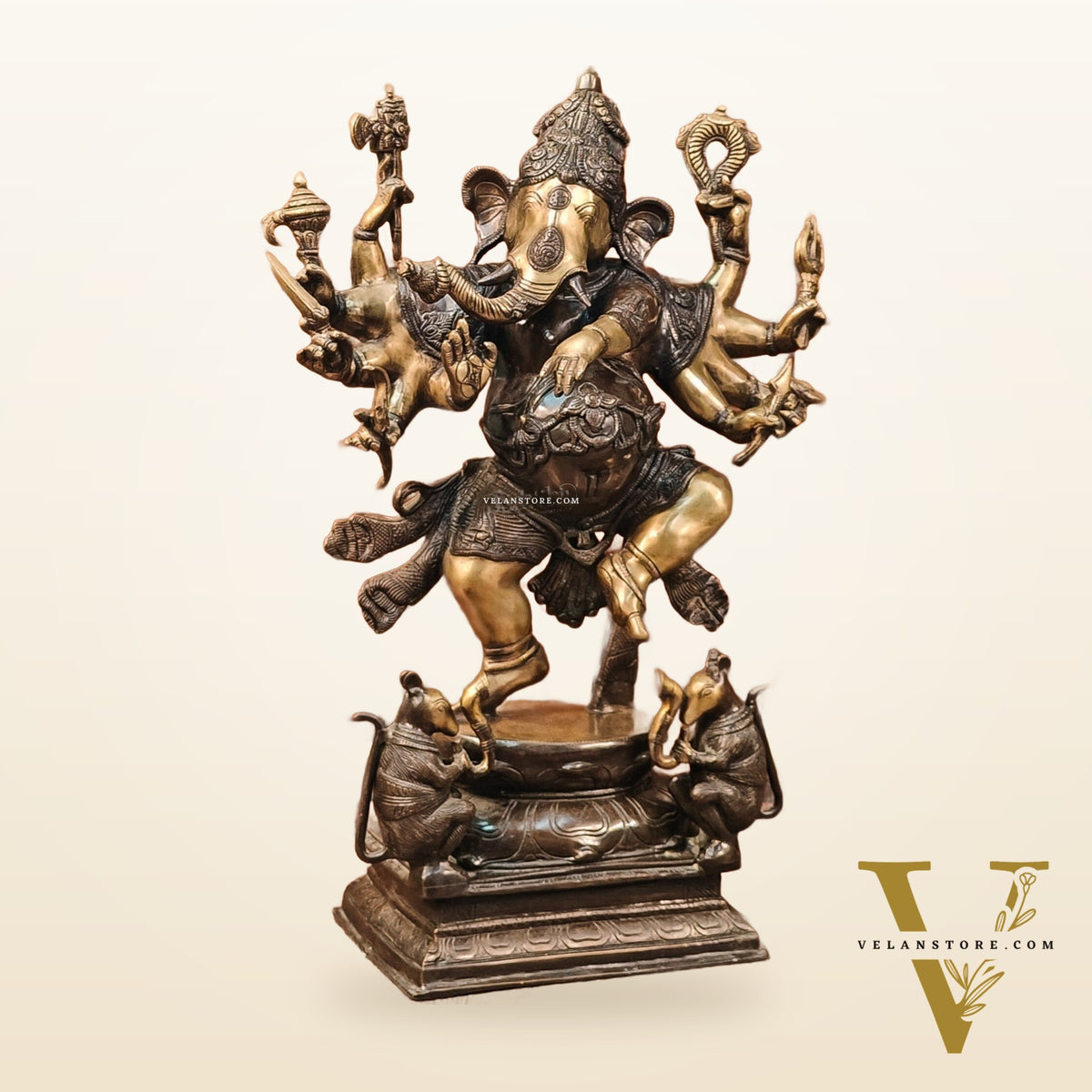 Handcrafted Large Brass Dancing Ganesha Statue - Antique Chola Bronze Finish