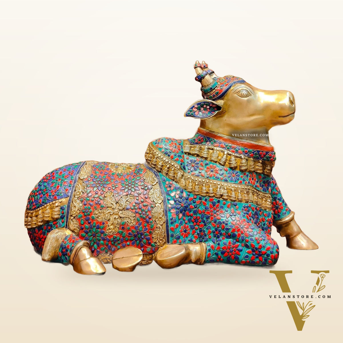 Handcrafted Large Nandi Bull Statue with Natural Stones and Pure Brass Wirework - 21x35x15 inch