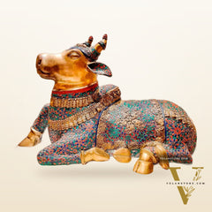 Handcrafted Large Nandi Bull Statue with Natural Stones and Pure Brass Wirework - 21x35x15 inch