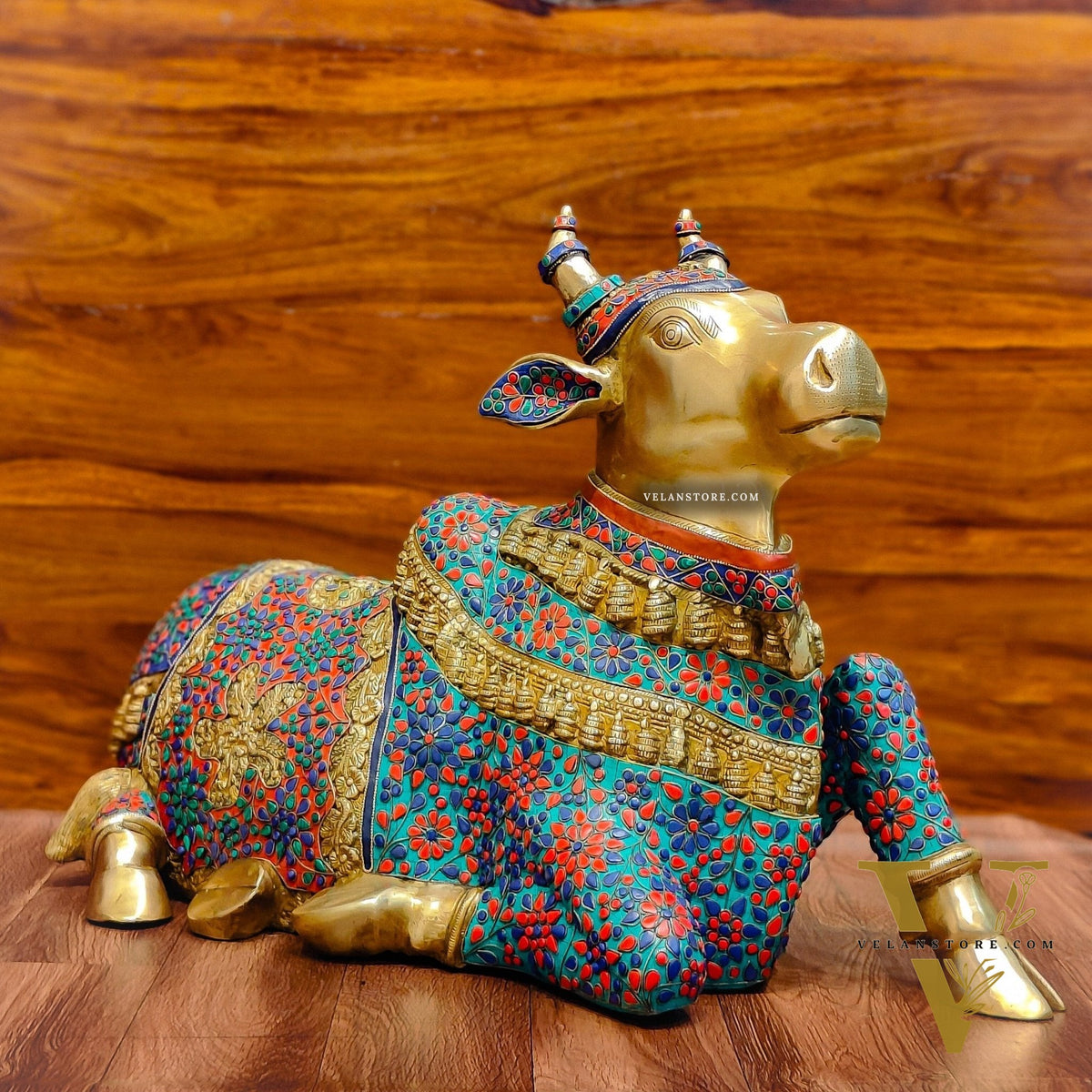 Handcrafted Large Nandi Bull Statue with Natural Stones and Pure Brass Wirework - 21x35x15 inch
