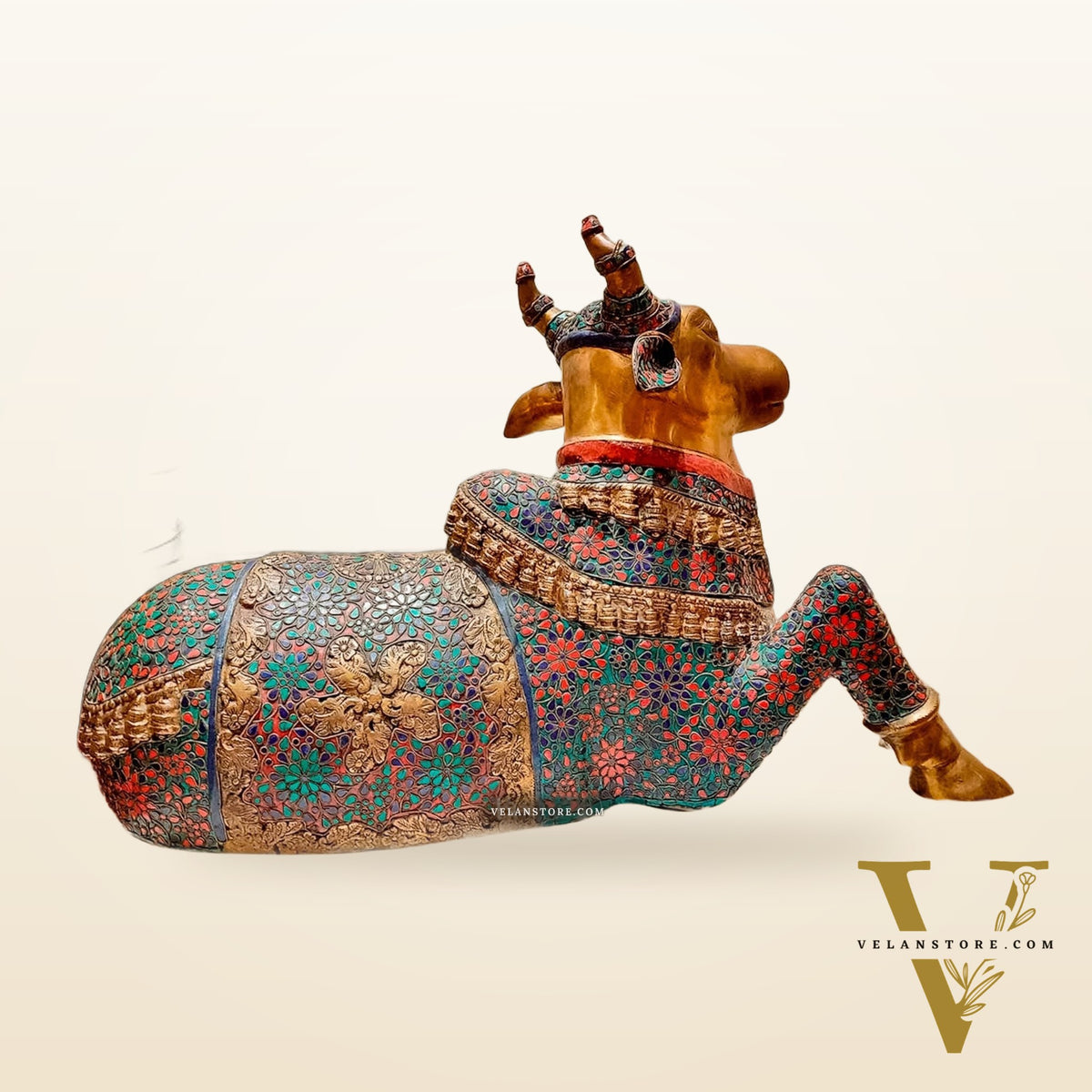 Handcrafted Large Nandi Bull Statue with Natural Stones and Pure Brass Wirework - 21x35x15 inch