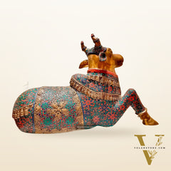 Handcrafted Large Nandi Bull Statue with Natural Stones and Pure Brass Wirework - 21x35x15 inch