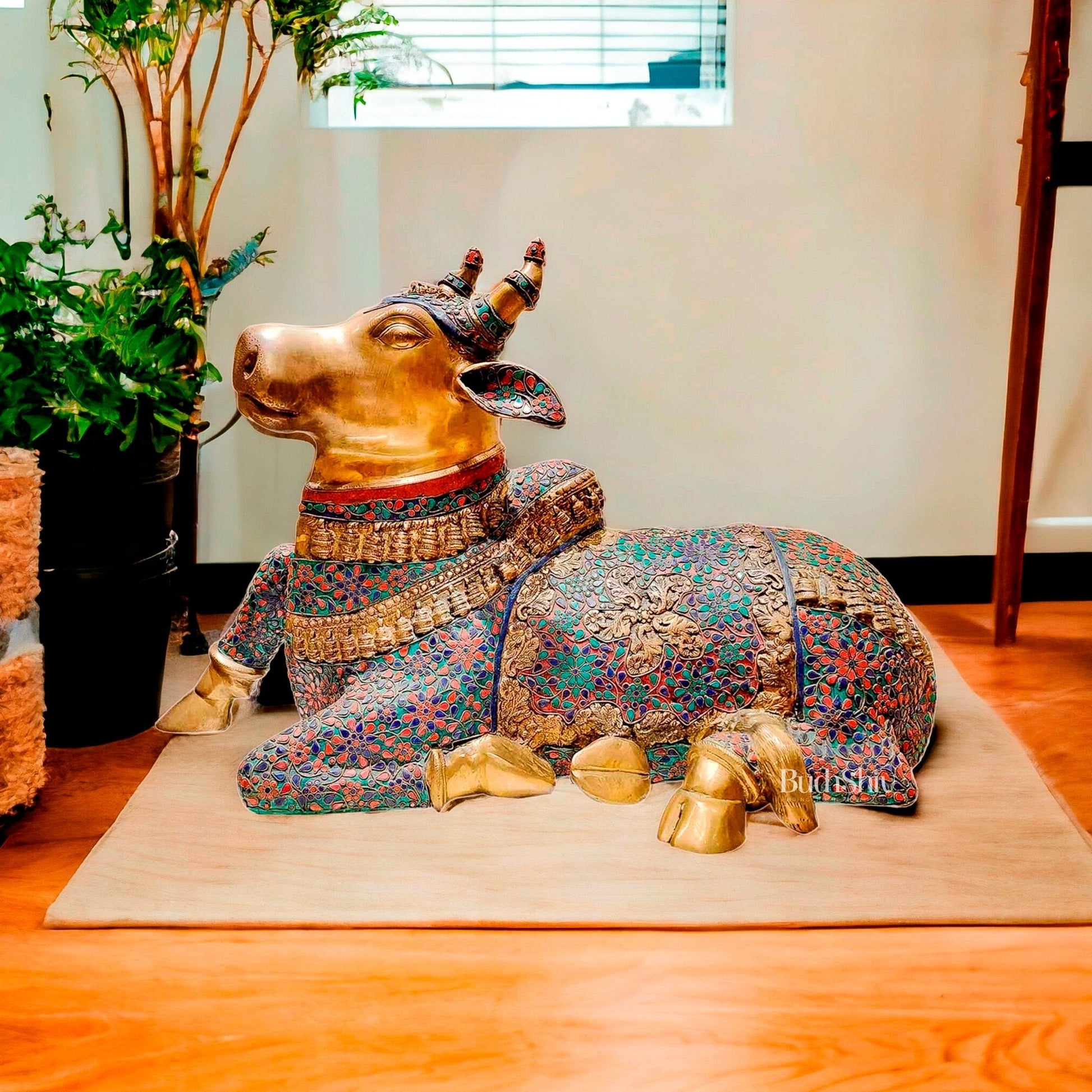 Handcrafted Large Nandi Bull Statue with Natural Stones and Pure Brass Wirework - 21x35x15 inch