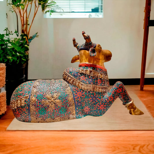 Handcrafted Large Nandi Bull Statue with Natural Stones and Pure Brass Wirework - 21x35x15 inch