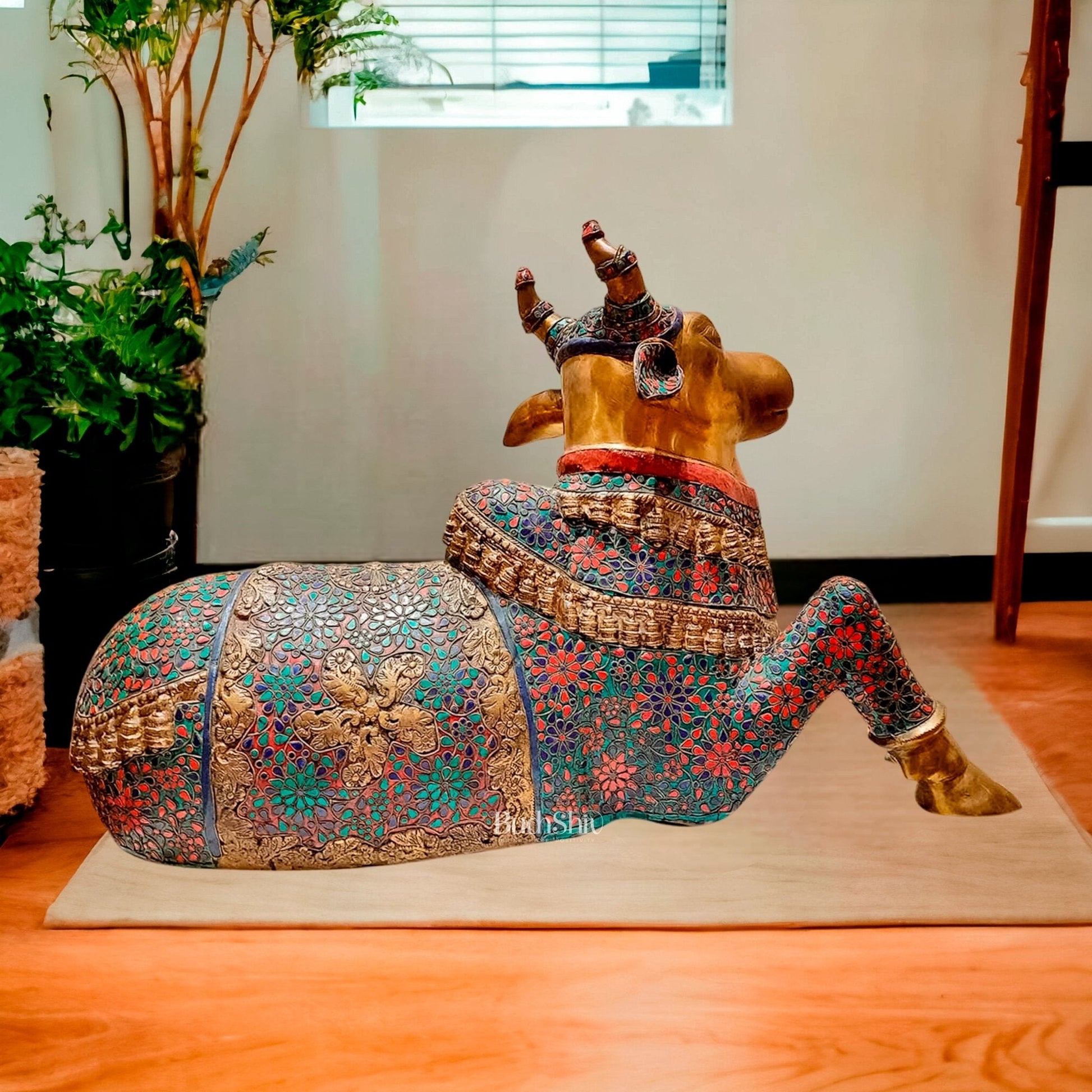 Handcrafted Large Nandi Bull Statue with Natural Stones and Pure Brass Wirework - 21x35x15 inch