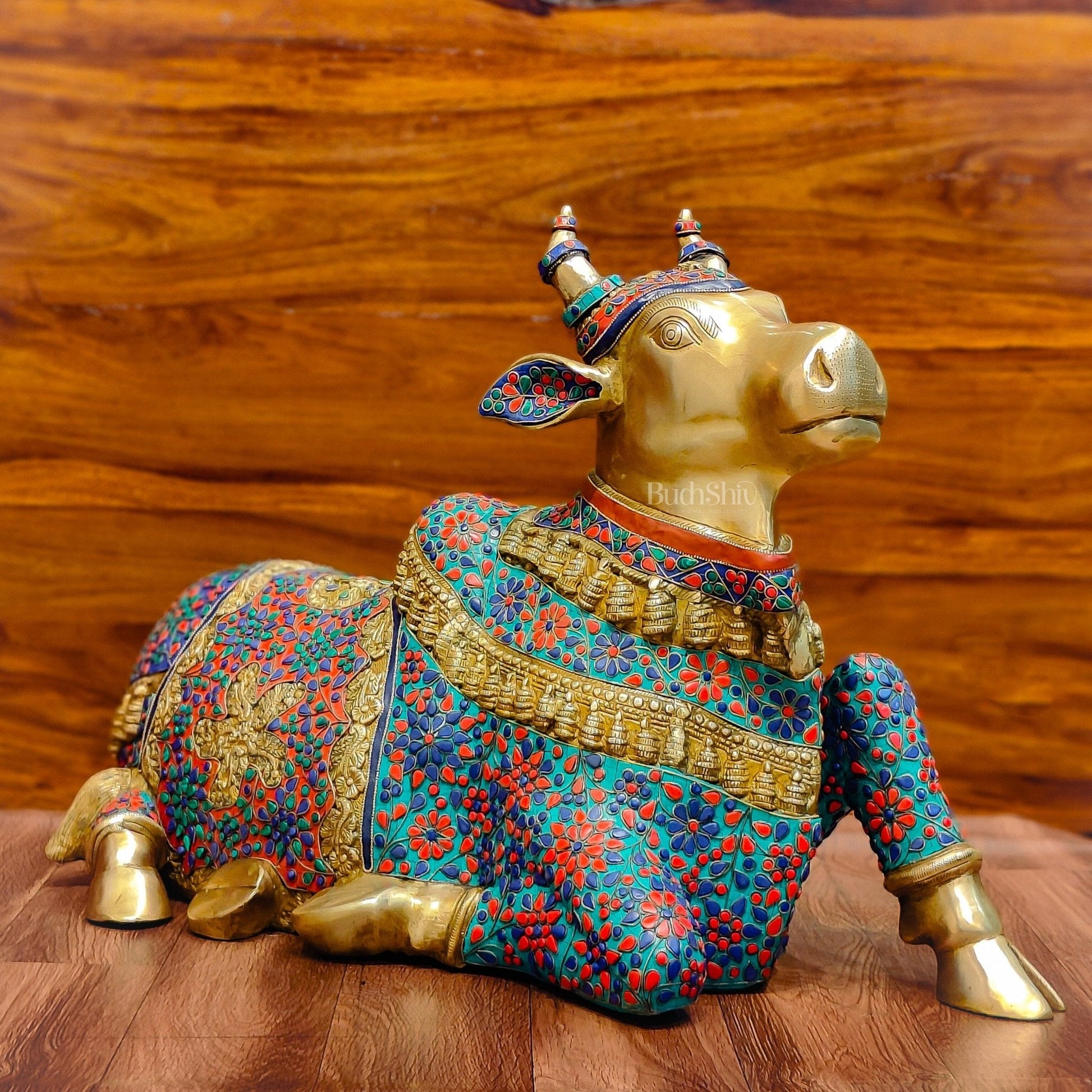 Handcrafted Large Nandi Bull Statue with Natural Stones and Pure Brass Wirework - 21x35x15 inch
