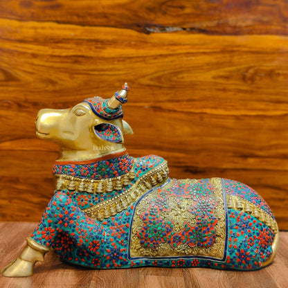 Handcrafted Large Nandi Bull Statue with Natural Stones and Pure Brass Wirework - 21x35x15 inch