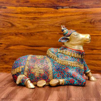 Handcrafted Large Nandi Bull Statue with Natural Stones and Pure Brass Wirework - 21x35x15 inch