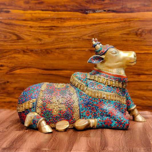 Handcrafted Large Nandi Bull Statue with Natural Stones and Pure Brass Wirework - 21x35x15 inch