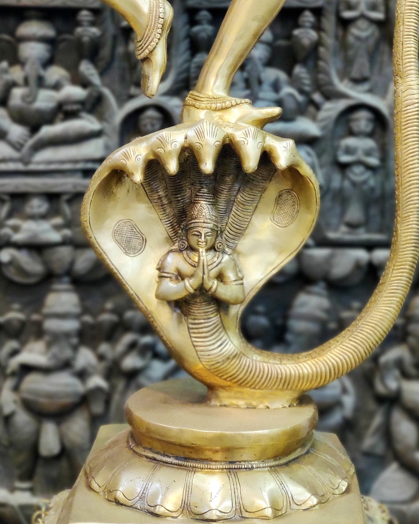 Handcrafted Large-sized Brass Krishna Dancing on Kaliya Naag - Triumph of Good over Evil 41"