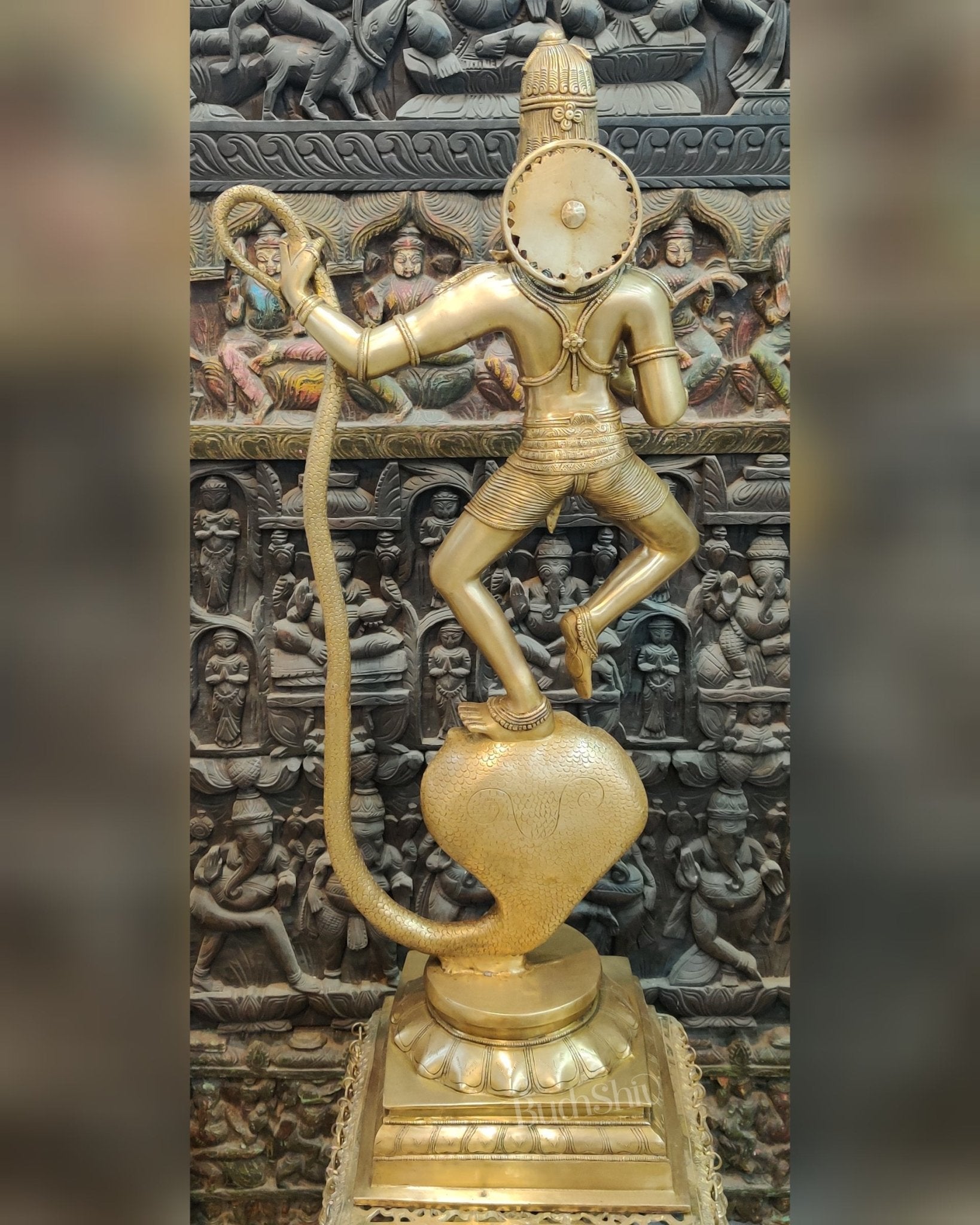 Handcrafted Large-sized Brass Krishna Dancing on Kaliya Naag - Triumph of Good over Evil 41"