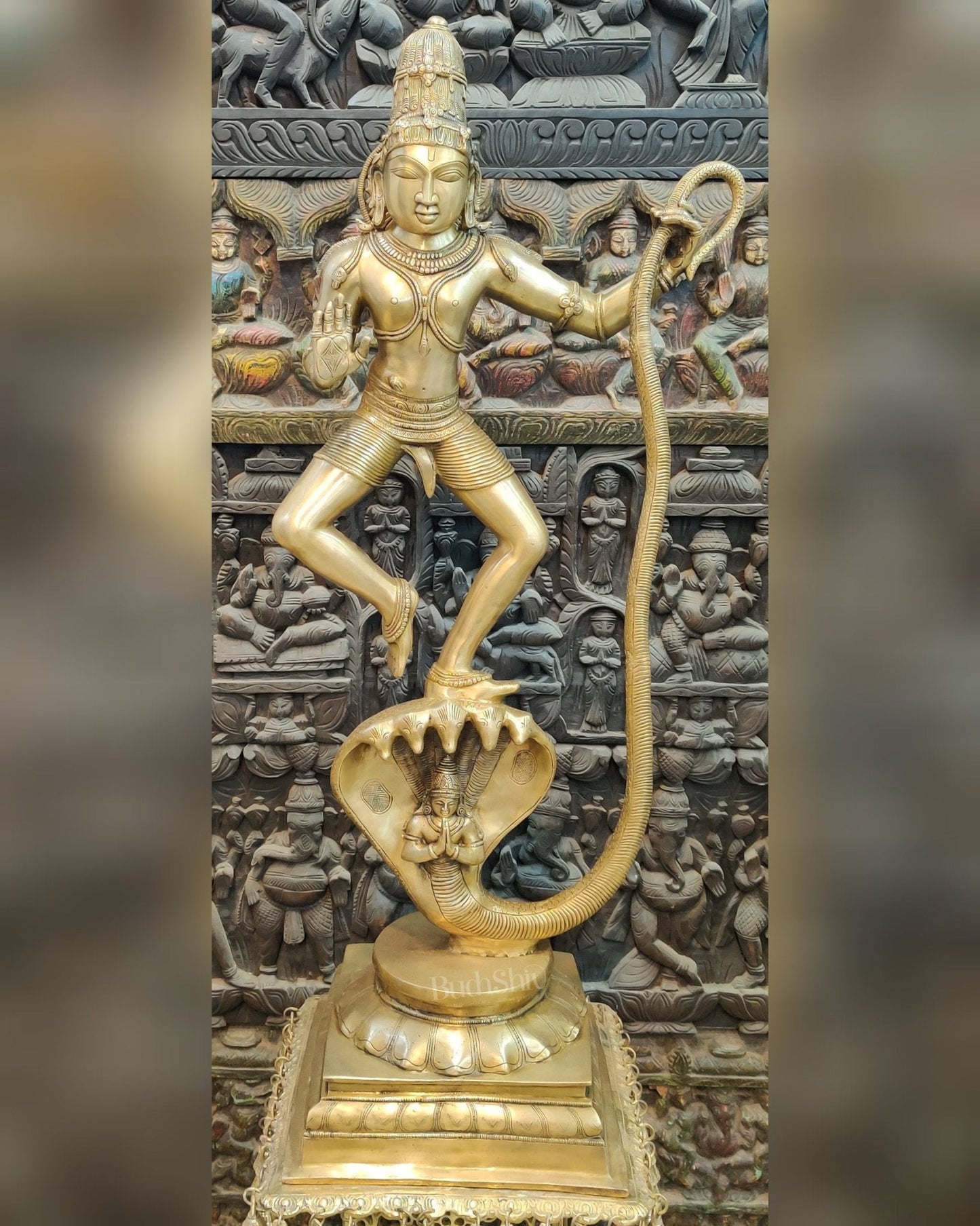 Handcrafted Large-sized Brass Krishna Dancing on Kaliya Naag - Triumph of Good over Evil 41"