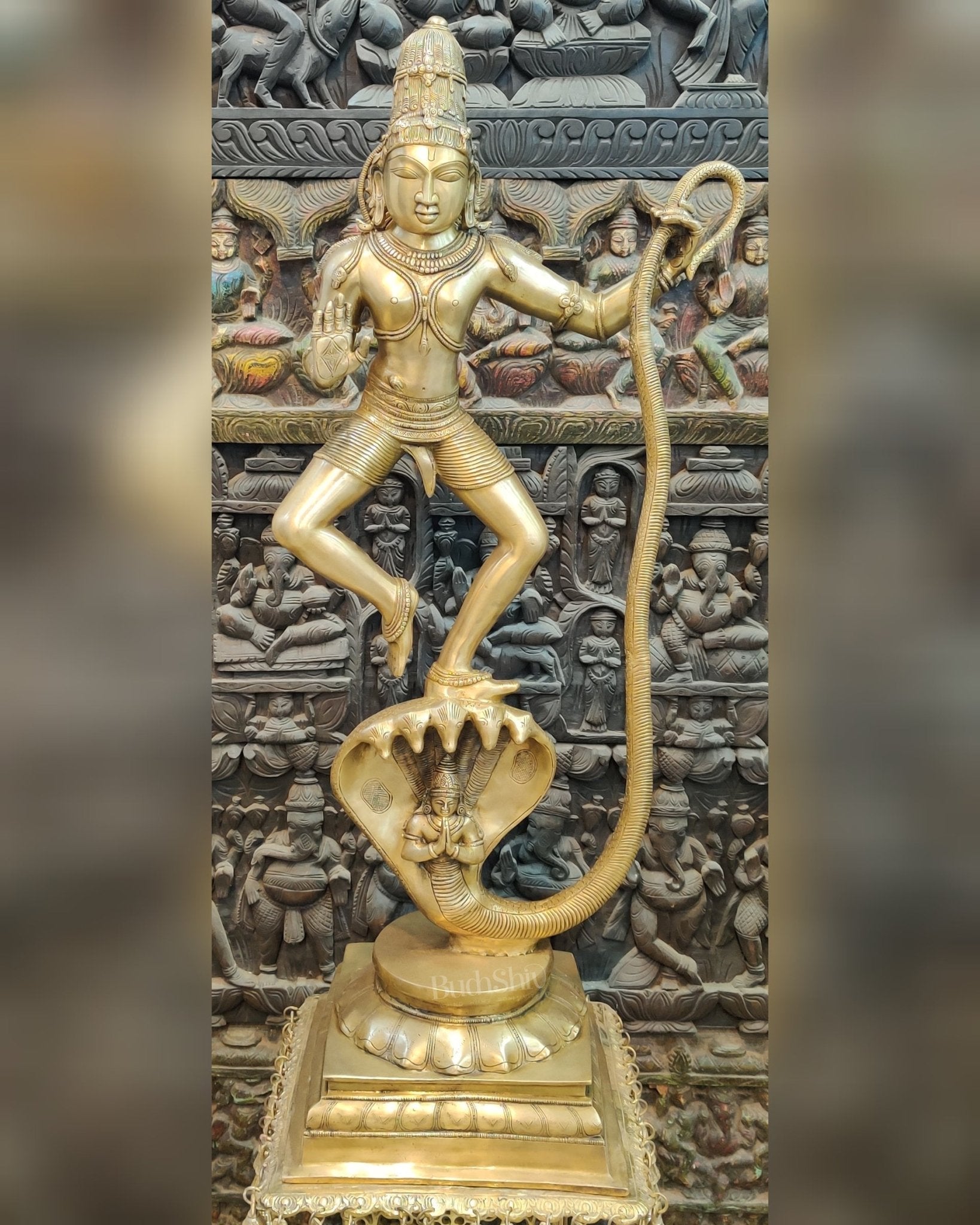 Handcrafted Large-sized Brass Krishna Dancing on Kaliya Naag - Triumph of Good over Evil 41"