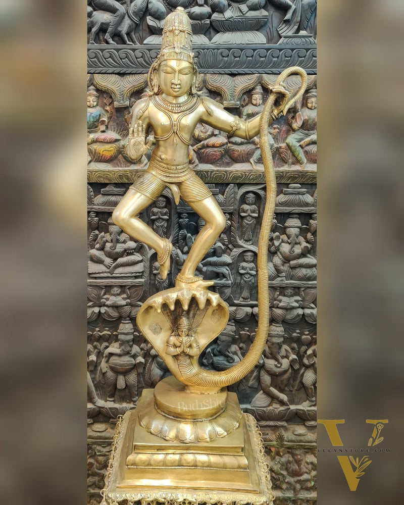 Handcrafted Large-sized Brass Krishna Dancing on Kaliya Naag - Triumph of Good over Evil 41"