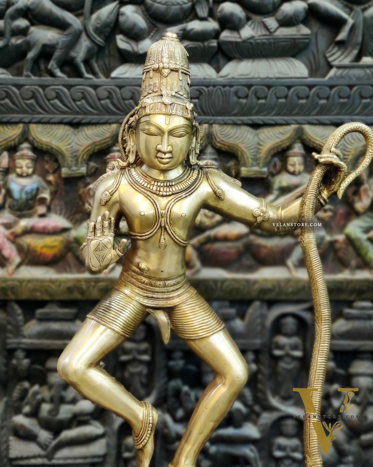 Handcrafted Large-sized Brass Krishna Dancing on Kaliya Naag - Triumph of Good over Evil 41"