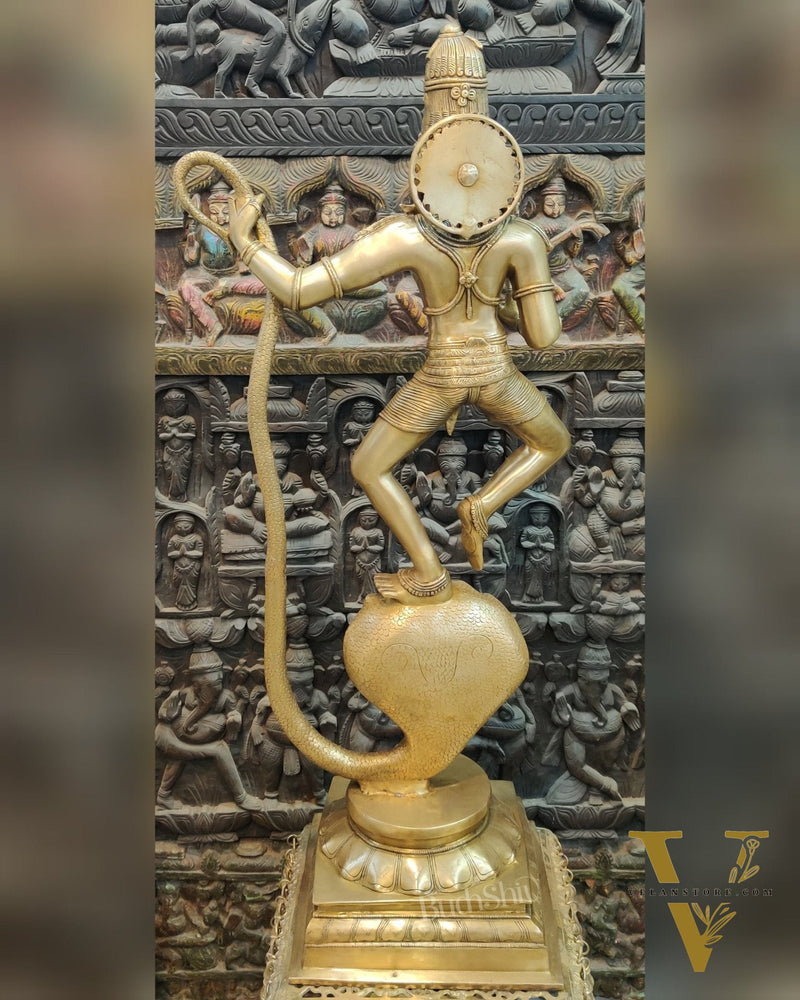 Handcrafted Large-sized Brass Krishna Dancing on Kaliya Naag - Triumph of Good over Evil 41"