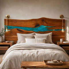 Epoxy resin live edge solid wood headboard | live edge wood headboard design for bed | wood bed headboard design