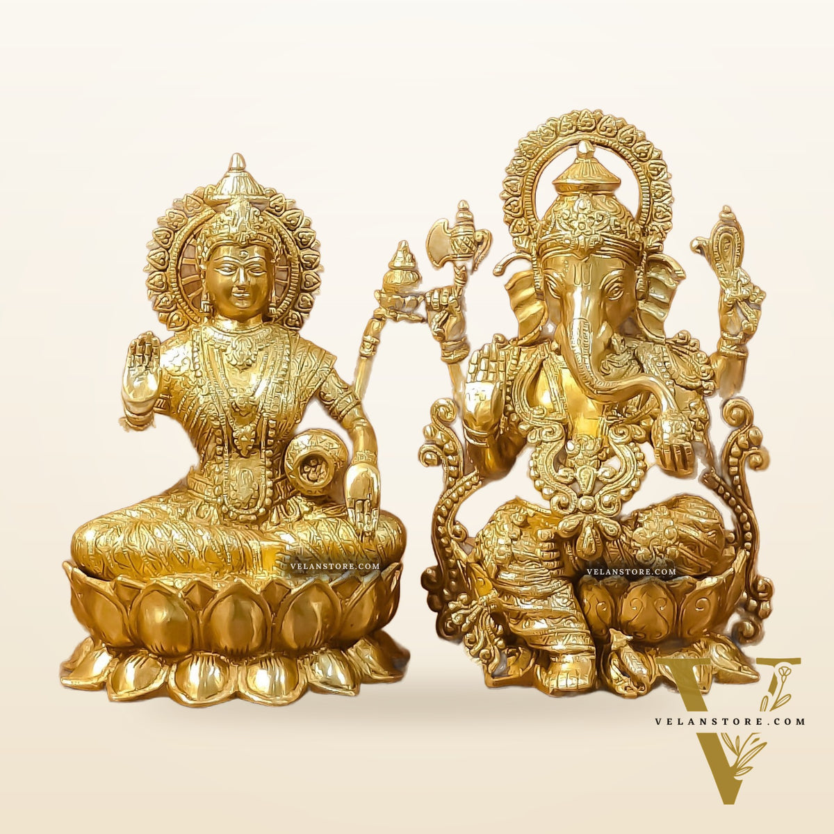 Handcrafted Lord Ganesha and Goddess Lakshmi Brass Idols 12"