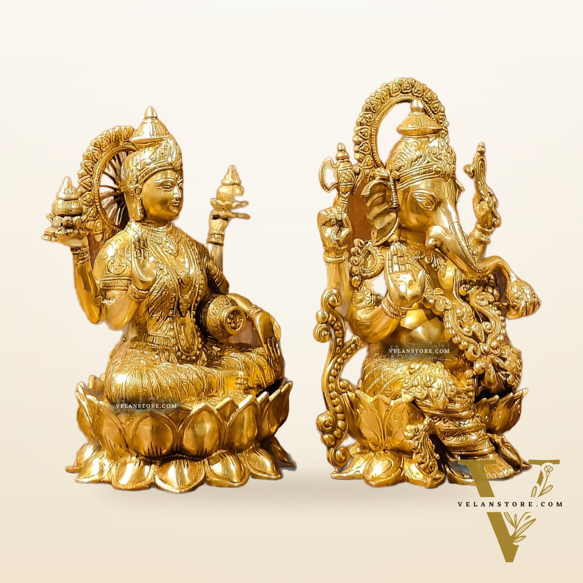 Handcrafted Lord Ganesha and Goddess Lakshmi Brass Idols 12"