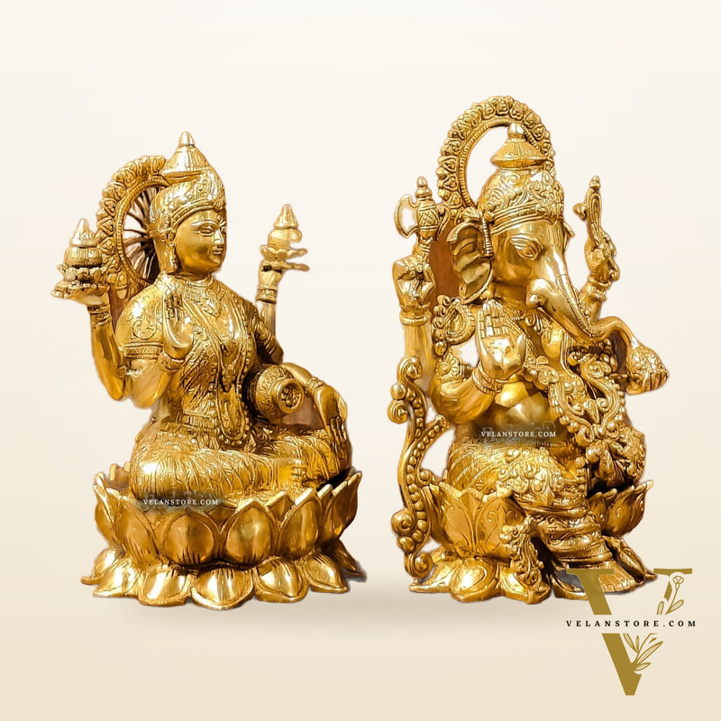 Handcrafted Lord Ganesha and Goddess Lakshmi Brass Idols 12"