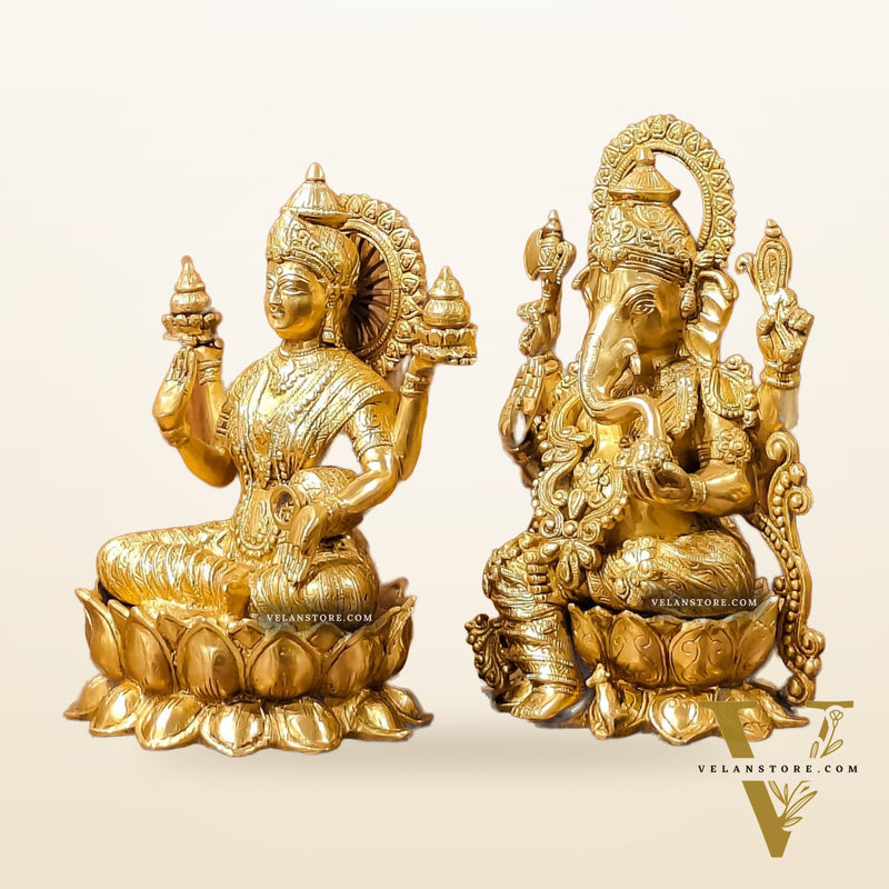 Handcrafted Lord Ganesha and Goddess Lakshmi Brass Idols 12"