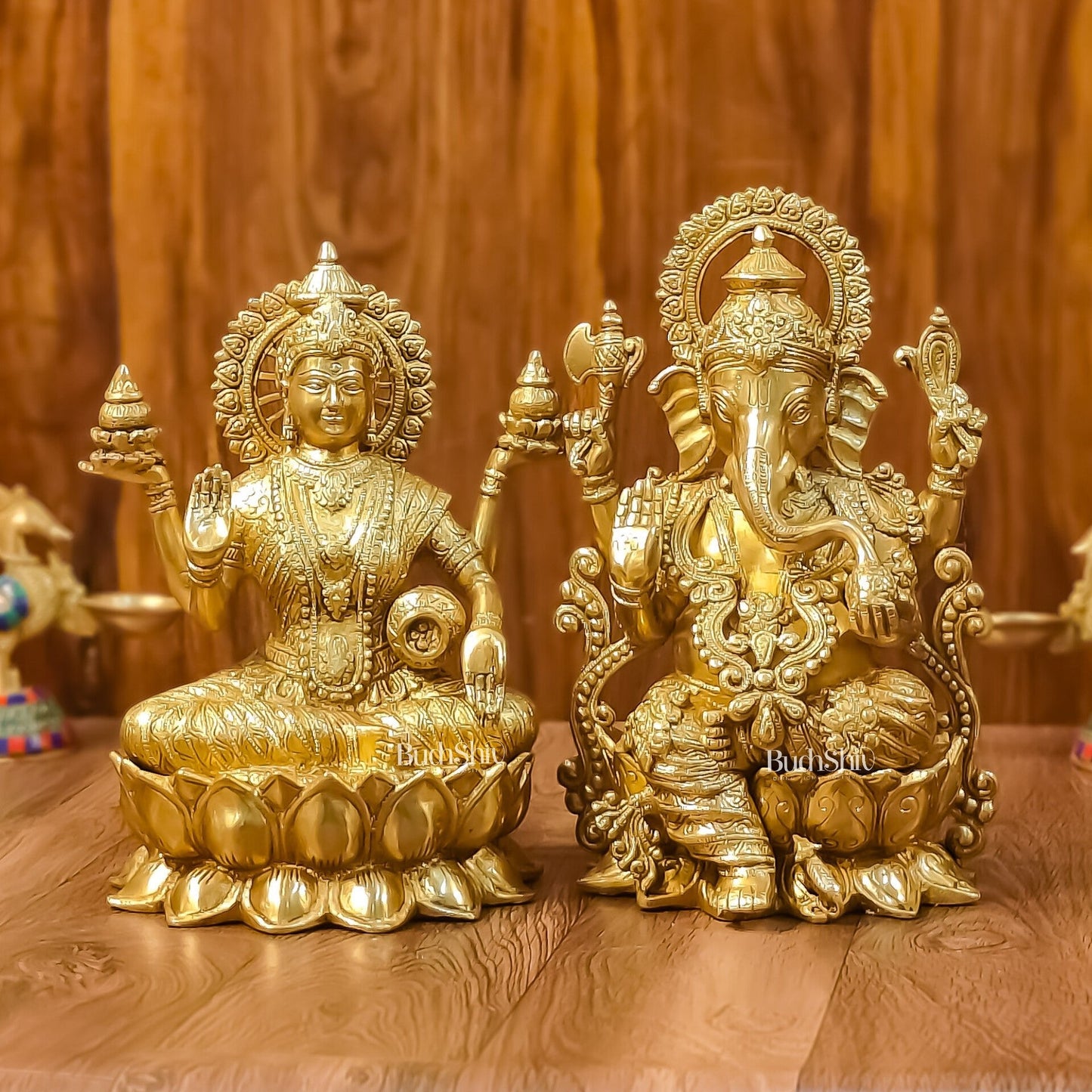 Handcrafted Lord Ganesha and Goddess Lakshmi Brass Idols 12"