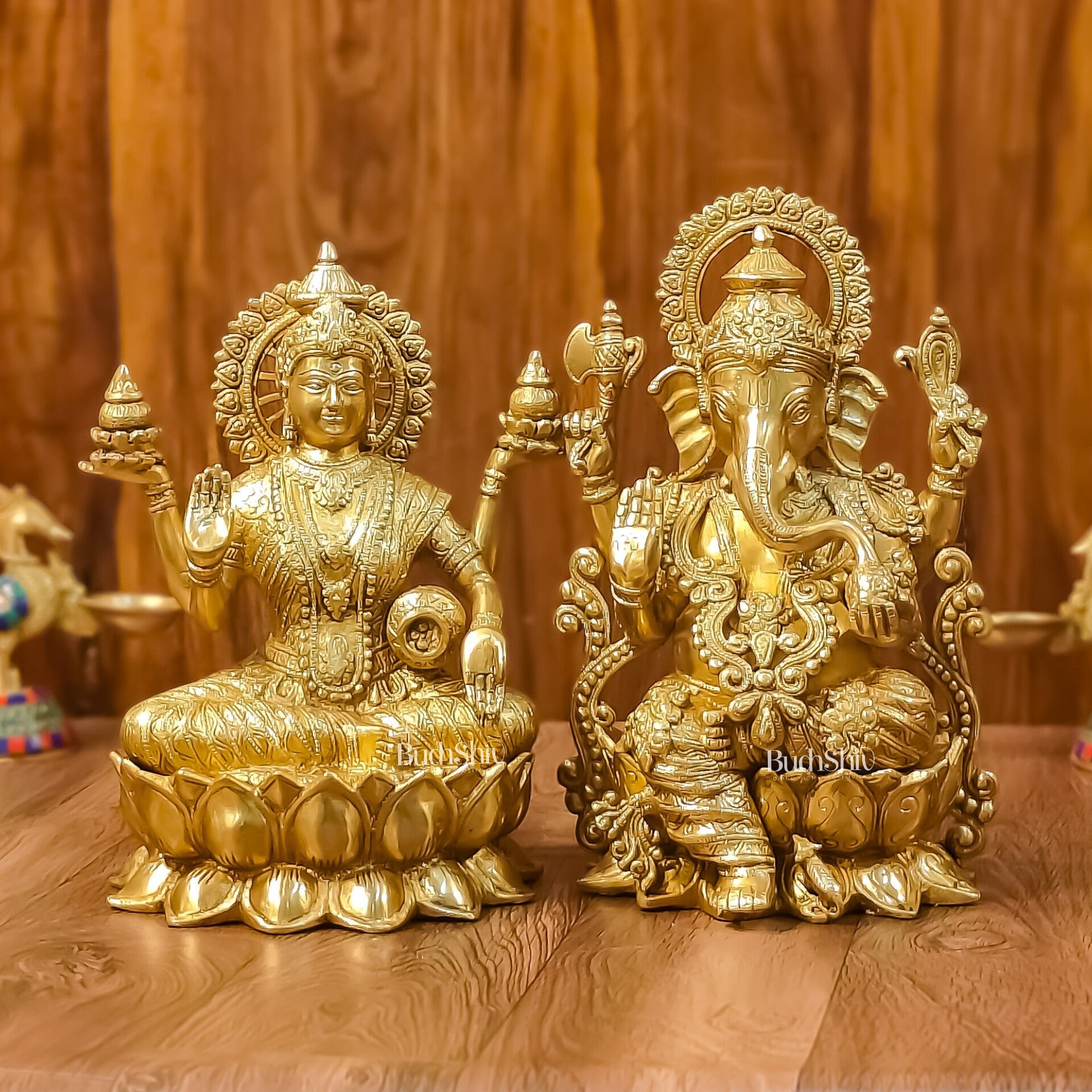 Handcrafted Lord Ganesha and Goddess Lakshmi Brass Idols 12"