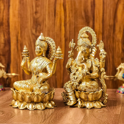 Handcrafted Lord Ganesha and Goddess Lakshmi Brass Idols 12"