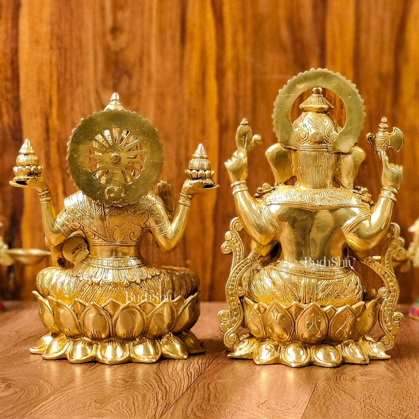 Handcrafted Lord Ganesha and Goddess Lakshmi Brass Idols 12"