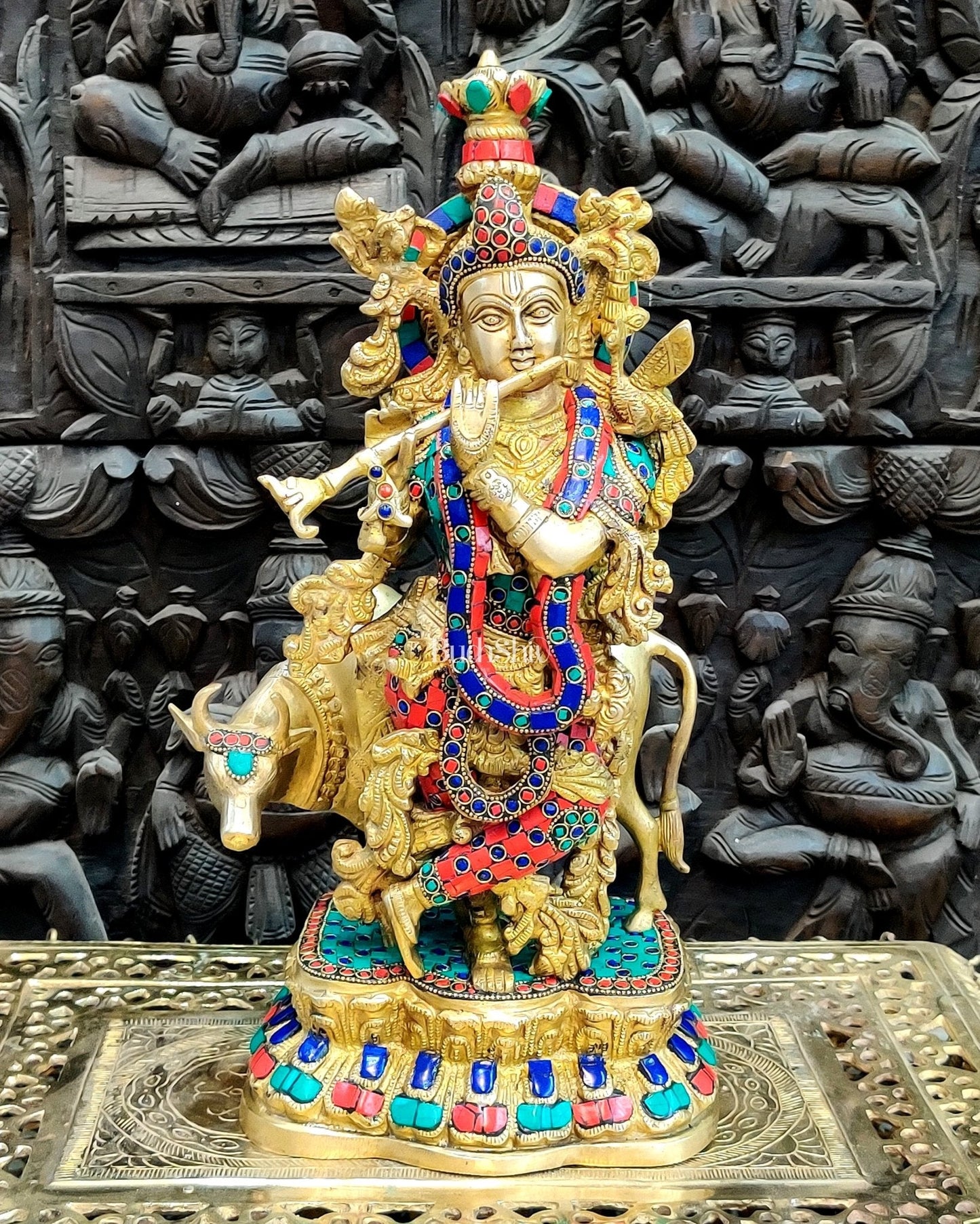 Handcrafted Lord Krishna With Cow Statue - Divine Brass Sculpture 17"