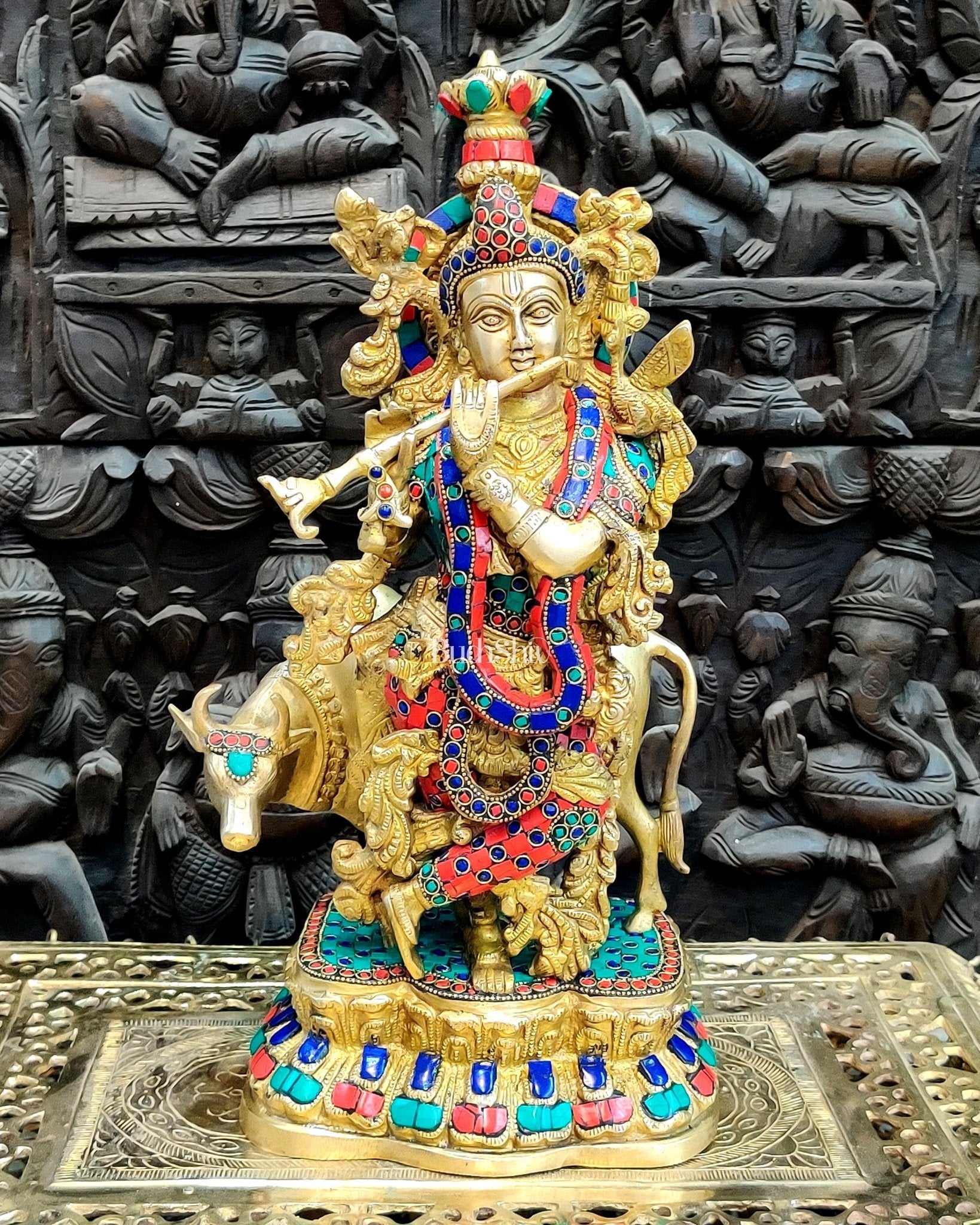 Handcrafted Lord Krishna With Cow Statue - Divine Brass Sculpture 17"