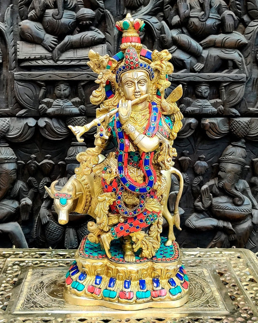 Handcrafted Lord Krishna With Cow Statue - Divine Brass Sculpture 17"
