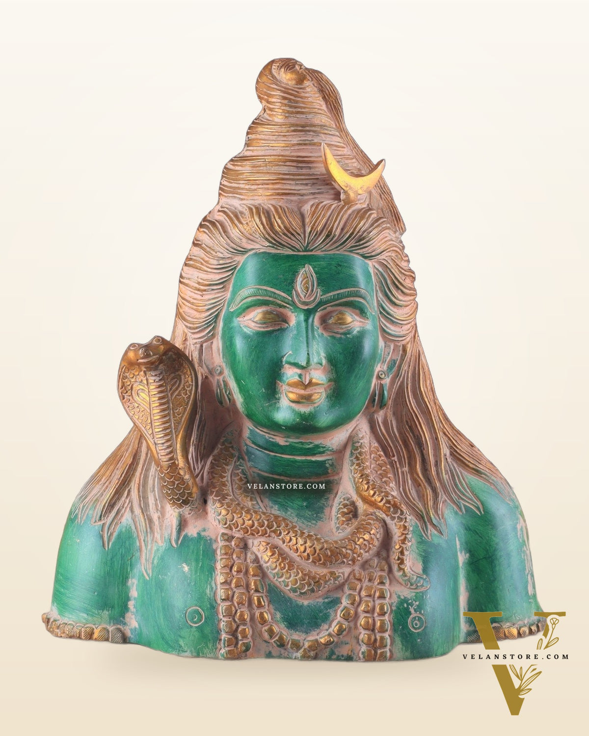 Handcrafted Lord Shiva Bust Statue - Superfine Brass 12" green sand patina