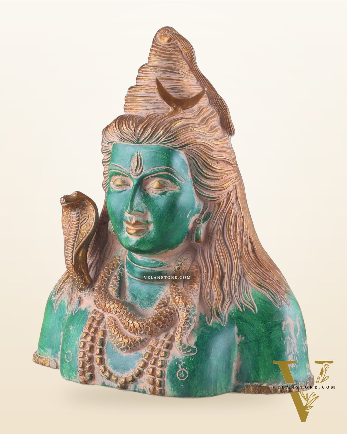 Handcrafted Lord Shiva Bust Statue - Superfine Brass 12" green sand patina