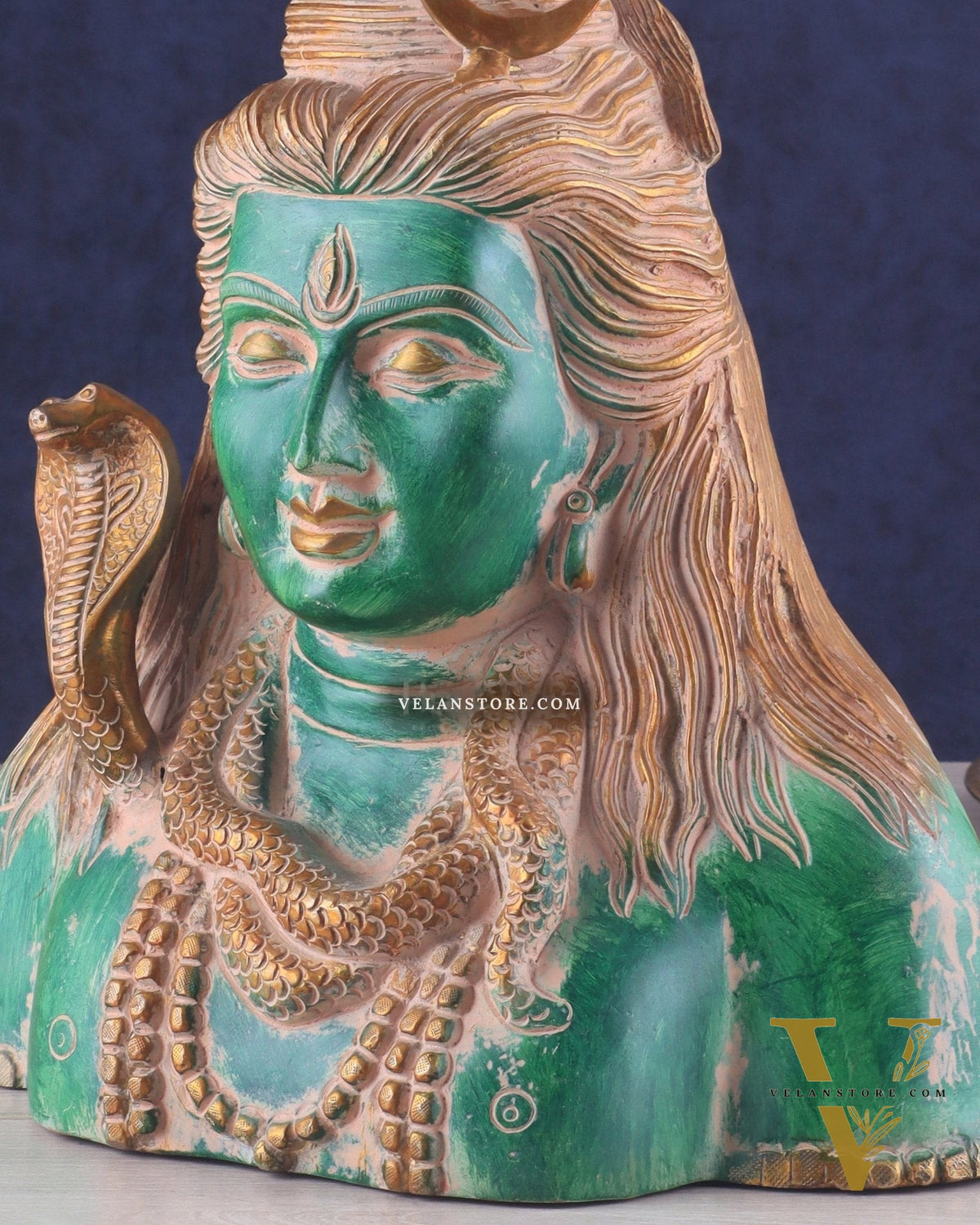Handcrafted Lord Shiva Bust Statue - Superfine Brass 12" green sand patina