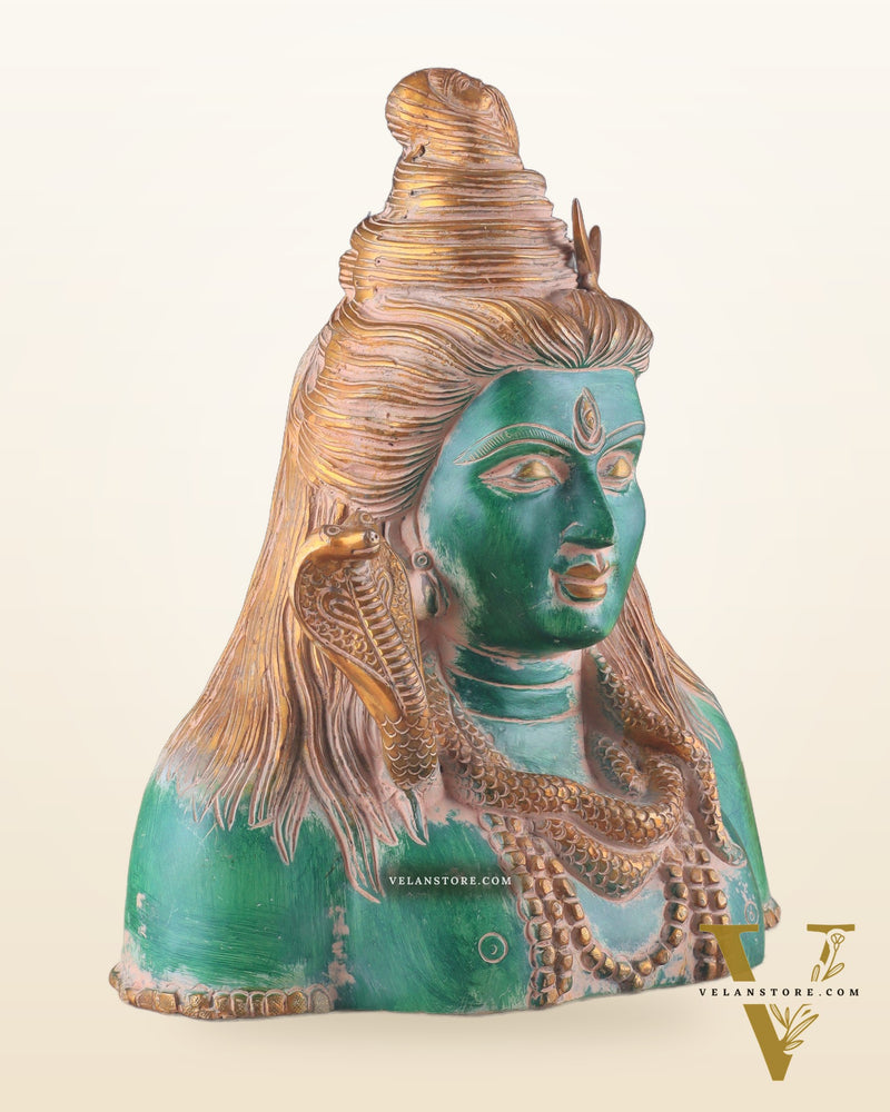 Handcrafted Lord Shiva Bust Statue - Superfine Brass 12" green sand patina