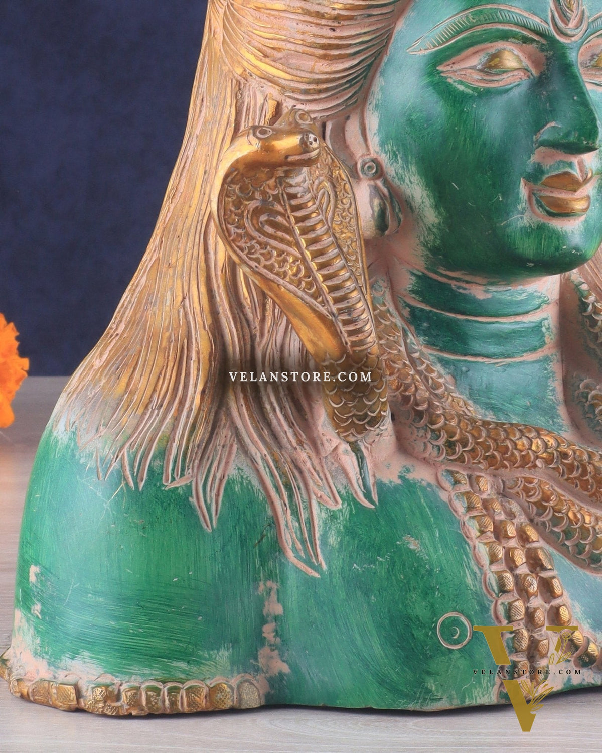 Handcrafted Lord Shiva Bust Statue - Superfine Brass 12" green sand patina